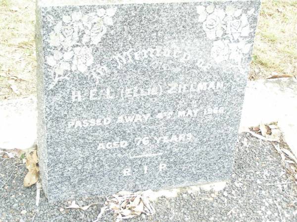 H.E.L. (Ellie) ZILLMAN,  | died 4 May 1966 aged 76 years;  | Upper Caboolture Uniting (Methodist) cemetery, Caboolture Shire  | 