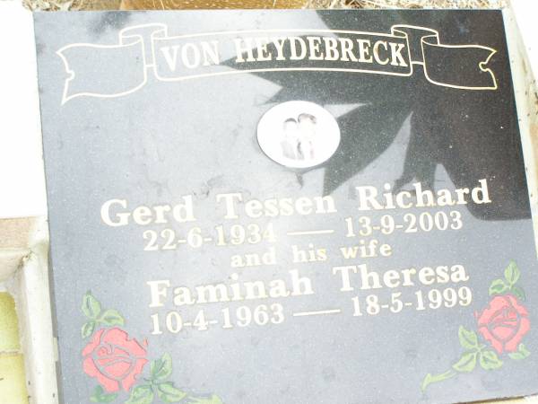 Gerd Tessen Richard VON HEYDEBRECK,  | 22-6-1934 - 13-9-2003;  | Faminah Theresa VON HEYDEBRECK, wife,  | 10-4-1963 - 18-5-1999;  | Upper Caboolture Uniting (Methodist) cemetery, Caboolture Shire  | 