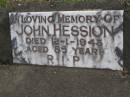 John HESSION, died 12-1-1943 aged 85 years; Upper Coomera cemetery, City of Gold Coast 