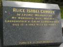 Alice Isobel CURREY, wife mother grandmother great-grandmother, died 13-4-1982 aged 82 years; Upper Coomera cemetery, City of Gold Coast 