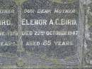 Jesse BIRD, father, died 6 June 1919 aged 69 years; Elenor A.C. BIRD, mother, died 22 Oct 1947 aged 85 years; Upper Coomera cemetery, City of Gold Coast 