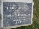 George LANE, 24-9-1913 - 8-3-2001; Terrence Peter LANE, son, 4-2-1947 - 30-6-2003; Upper Coomera cemetery, City of Gold Coast 