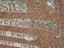 
Jessie,
wife of C.E. GARRARD,
died 17 Sept 1958 aged 59 years;
Upper Coomera cemetery, City of Gold Coast
