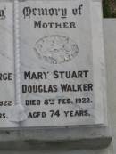 Frederick George WALKER, father, died 21 March 1922 aged 82 years; Mary Stuart Douglas WALKER, mother, died 8 Feb 1922 aged 74 years; Beatrice Pearl FAULKNER (nee WALKER), 13-12-1912 - 14-8-1976, wife of Roy, mother of Wavall, Joy, Wendy, Athol & Carol; Upper Coomera cemetery, City of Gold Coast 