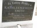 Kathleen Evelyn SMITH, wife of Russell SMITH, died 7-7-2004 aged 79 years; Upper Coomera cemetery, City of Gold Coast 