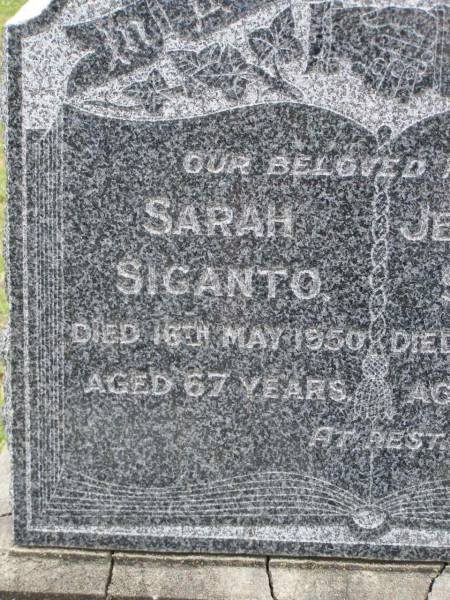 Sarah SIGANTO,  | died 16 May 1950 aged 67 years;  | Jesse Walter SIGANTO,  | died 3 Jan 1949 aged 71 years;  | parents;  | Upper Coomera cemetery, City of Gold Coast  | 