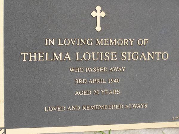 Thelma Louise SIGANTO,  | died 3 April 1940 aged 20 years;  | Upper Coomera cemetery, City of Gold Coast  | 