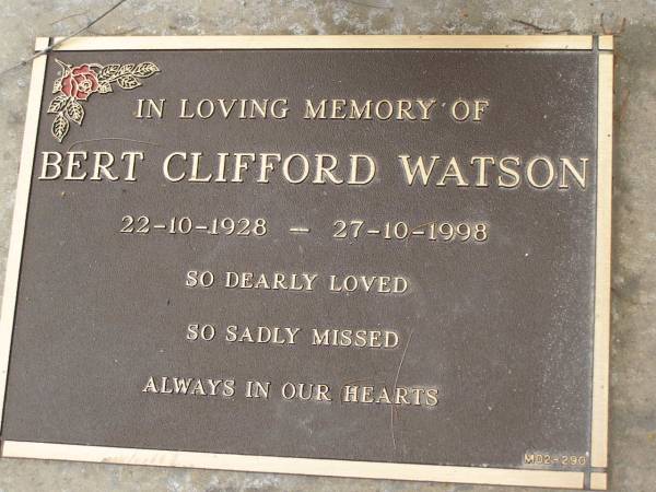 Bert Clifford WATSON,  | 22-10-1928 - 27-10-1998;  | Upper Coomera cemetery, City of Gold Coast  | 
