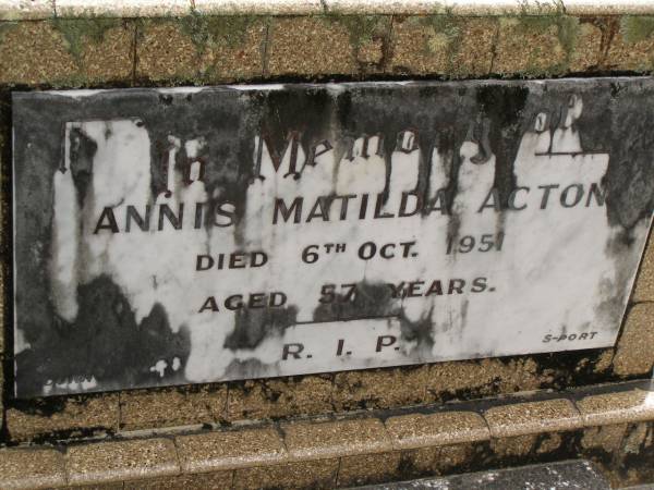 Annis Matilda ACTON,  | died 6 Oct 1951 aged 57 years;  | Upper Coomera cemetery, City of Gold Coast  | 