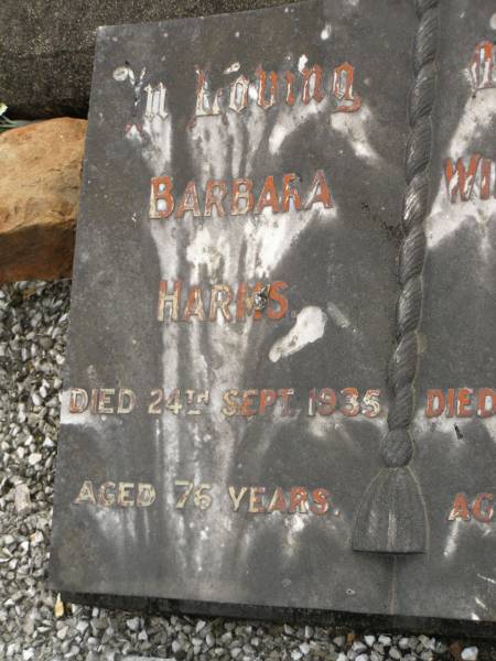 Barbara HARMS,  | died 24 Sept 1935 aged 76 years;  | Wilhelm Carl HARMS,  | died 10 July 1948 aged 89 years;  | Upper Coomera cemetery, City of Gold Coast  | 