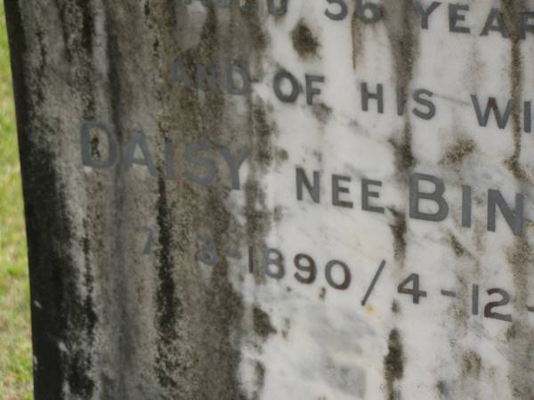 William Henry HOLLINDALE,  | died 4 Jan 1934 aged 56 years;  | Daisy (nee BINSTEAD),  | wife,  | 7-8-1890 - 4-12-1977;  | Upper Coomera cemetery, City of Gold Coast  | 