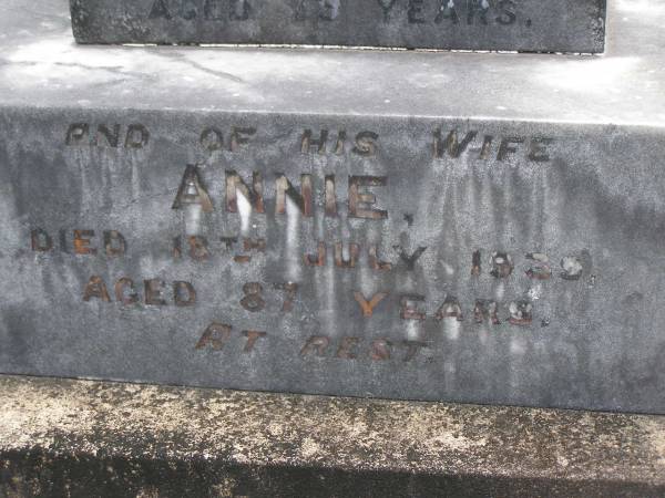 William BINSTEAD,  | died 31 Jan 1920 aged 79 years;  | Annie,  | wife,  | died 18 July 1939 aged 87 years;  | Upper Coomera cemetery, City of Gold Coast  | 