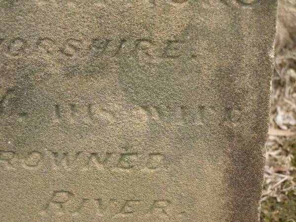 Audley Baskerville MYNORS,  | fourth son of late Robert Baskerville MYNORS  | of Evancoyd Radnorshire and wife Ellen Gray,  | accidentally drowned in Coomera River 8 Dec 1892 aged 31 years;  | Upper Coomera cemetery, City of Gold Coast  | 