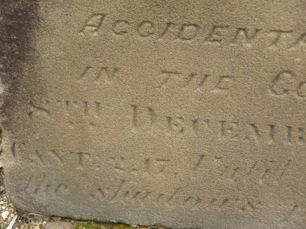 Audley Baskerville MYNORS,  | fourth son of late Robert Baskerville MYNORS  | of Evancoyd Radnorshire and wife Ellen Gray,  | accidentally drowned in Coomera River 8 Dec 1892 aged 31 years;  | Upper Coomera cemetery, City of Gold Coast  | 