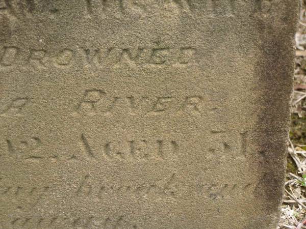 Audley Baskerville MYNORS,  | fourth son of late Robert Baskerville MYNORS  | of Evancoyd Radnorshire and wife Ellen Gray,  | accidentally drowned in Coomera River 8 Dec 1892 aged 31 years;  | Upper Coomera cemetery, City of Gold Coast  | 