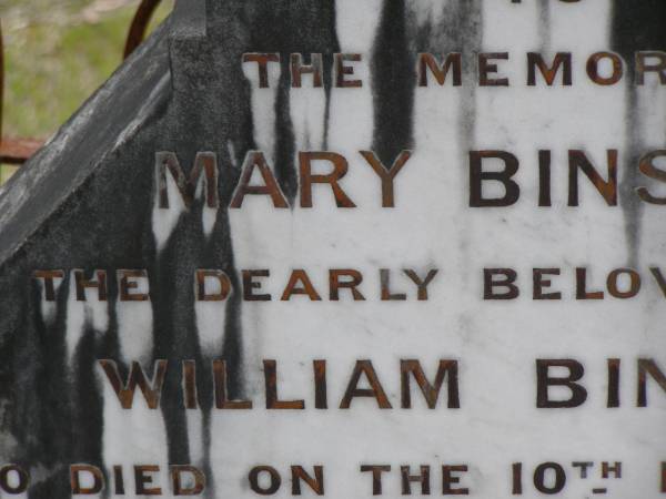 Mary BINSTEAD,  | wife of William BINSTEAD,  | died 10 Nov 1894 aged 66 years;  | William BINSTEAD,  | died 23 July 1903 aged 82 years;  | Upper Coomera cemetery, City of Gold Coast  | 