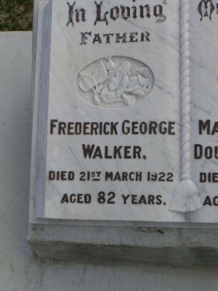 Frederick George WALKER,  | father,  | died 21 March 1922 aged 82 years;  | Mary Stuart Douglas WALKER,  | mother,  | died 8 Feb 1922 aged 74 years;  | Beatrice Pearl FAULKNER (nee WALKER),  | 13-12-1912 - 14-8-1976,  | wife of Roy,  | mother of Wavall, Joy, Wendy, Athol & Carol;  | Upper Coomera cemetery, City of Gold Coast  | 