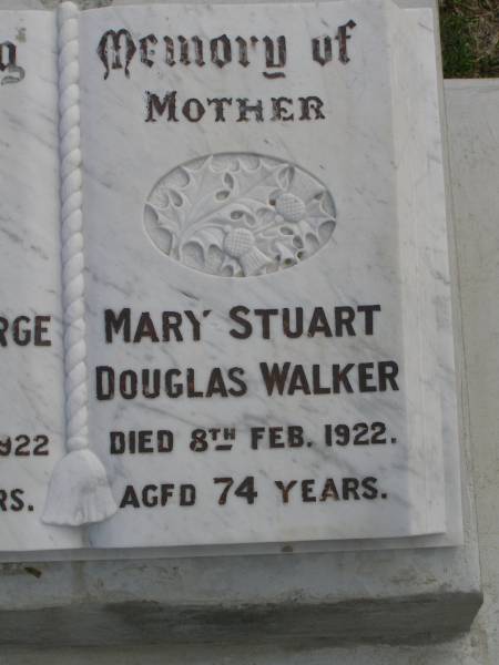 Frederick George WALKER,  | father,  | died 21 March 1922 aged 82 years;  | Mary Stuart Douglas WALKER,  | mother,  | died 8 Feb 1922 aged 74 years;  | Beatrice Pearl FAULKNER (nee WALKER),  | 13-12-1912 - 14-8-1976,  | wife of Roy,  | mother of Wavall, Joy, Wendy, Athol & Carol;  | Upper Coomera cemetery, City of Gold Coast  | 