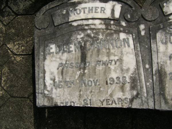 Ellen GANNON,  | mother,  | died 16 Nov 1938 aged 81 years;  | John GANNON,  | father,  | died 27 Aug 1894 aged 43 years;  | Upper Coomera cemetery, City of Gold Coast  | 