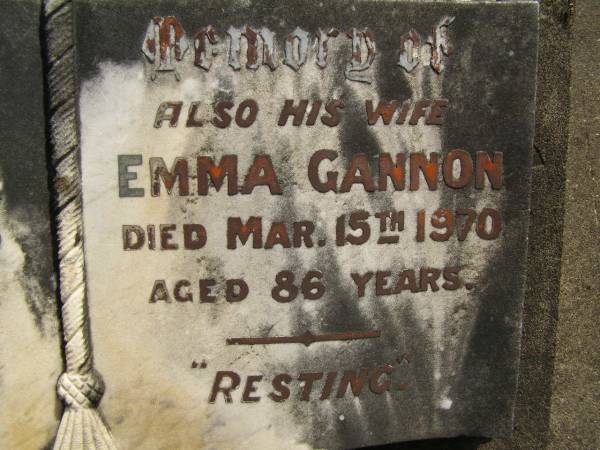 Henry GANNON,  | husband,  | died 12 Mar 1929 aged 48 years;  | Emma GANNON,  | wife,  | died 15 Mar 1970 aged 86 years;  | Upper Coomera cemetery, City of Gold Coast  | 