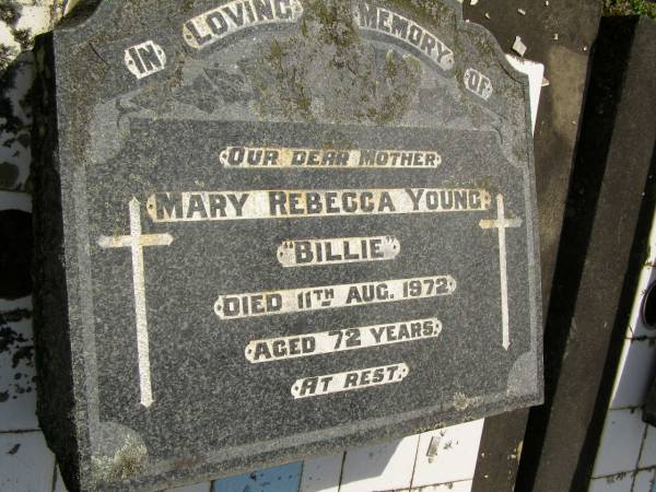Mary Rebecca (Billie) YOUNG,  | mother,  | died 11 Aug 1972 aged 72 years;  | George Cameron YOUNG,  | husband father,  | died 12 Nov 1973 aged 39 years;  | Upper Coomera cemetery, City of Gold Coast  | 