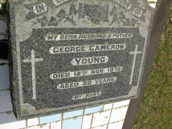 Mary Rebecca (Billie) YOUNG,  | mother,  | died 11 Aug 1972 aged 72 years;  | George Cameron YOUNG,  | husband father,  | died 12 Nov 1973 aged 39 years;  | Upper Coomera cemetery, City of Gold Coast  | 