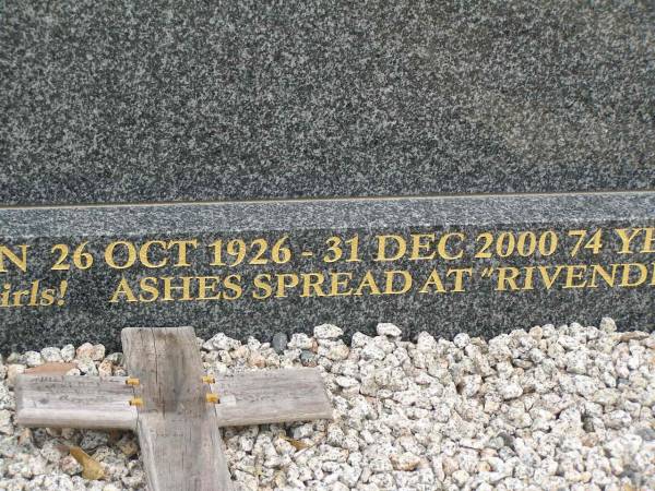 Benjamin Freeman (Benny) BRYANT,  | 25 Aug 1982 - 16 May 2004 aged 21 years;  | Margaret Joyce FREEMAN,  | grandma,  | 26 Oct 1926 - 31 Dec 2000 aged 74 years,  | ashes at Rivendell;  | Upper Coomera cemetery, City of Gold Coast  | 