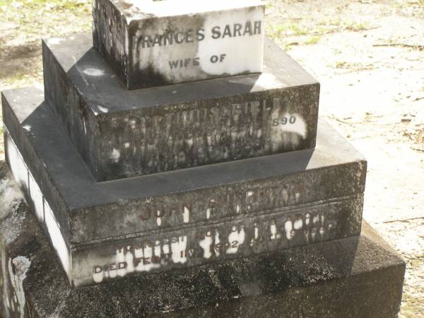Frances Sarah,  | wife of Septimus BIRLEY,  | died 24 Aug 1890 aged 36 years;  | John Shepherd,  | youngest son,  | died 11 Feb 1892 aged 9 years;  | Upper Coomera cemetery, City of Gold Coast  | 