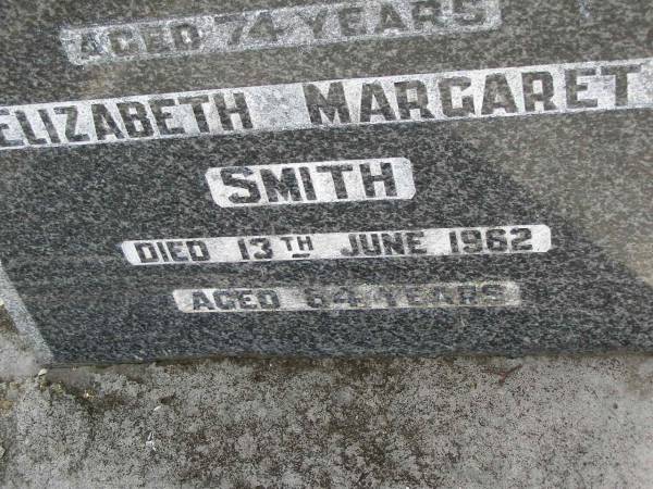 William SMITH,  | died 13 June 1951 aged 74 years;  | Elizabeth Margaret SMITH,  | died 13 June 1962 aged 84 years;  | Upper Coomera cemetery, City of Gold Coast  | 