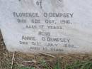 Florence O'DEMPSEY, died 8 Oct 1916 aged 17 years; Annie O'DEMPSEY, died 31 July 1892 aged 10 years; Upper Freestone Cemetery, Warwick Shire 