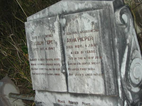 Rudolph PIEPER  | D: Oct 4 1945  | Anna PIEPER  | D: Nov 4 1924 aged 51  | Vernor German Baptist Cemetery, Esk Shire  | 