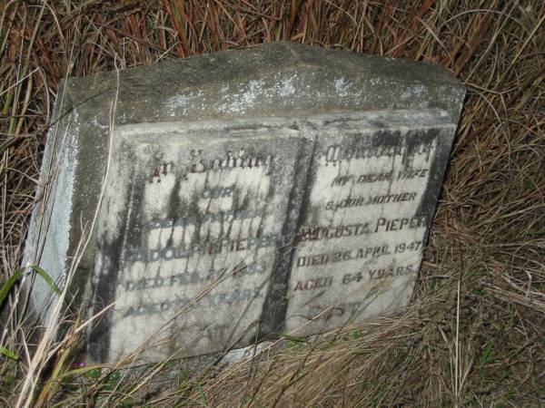 Adolph PIEPER  | died Feb 26 1953 aged 75?  | Augusta PIEPER  | died 26 Apr 1947 aged 64  | Vernor German Baptist Cemetery, Esk Shire  | 