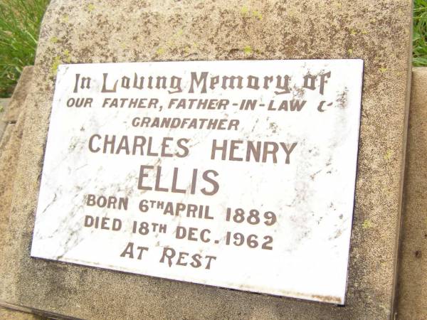 Charles Henry ELLIS,  | father father-in-law grandfather,  | born 6 April 1889  | died 18 Dec 1962;  | Warra cemetery, Wambo Shire  | 