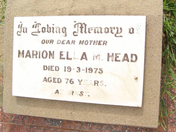 Marion Ella M. HEAD,  | mother,  | died 19-3-1975 aged 76 years;  | Warra cemetery, Wambo Shire  |