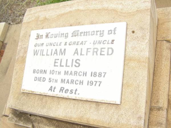 William Alfred ELLIS,  | uncle great-uncle,  | born 10 March 1887  | died 5 March 1977;  | Warra cemetery, Wambo Shire  | 