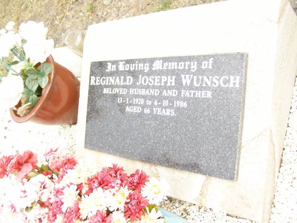 Reginald Joseph WUNSCH,  | husband father,  | 13-1-1920 - 6-10-1986 aged 66 years;  | Warra cemetery, Wambo Shire  | 