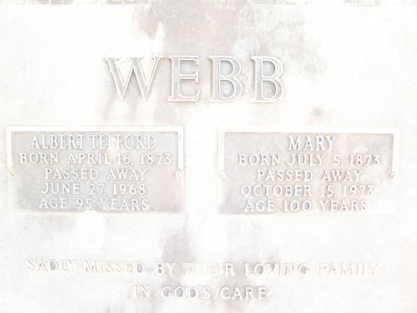 Albert Telford WEBB,  | born 16 April 1873,  | died 27 June 1968 aged 95 years;  | Mary WEBB,  | born 5 July 1873,  | died 15 Oct 1973 aged 100 years;  | Warra cemetery, Wambo Shire  | 