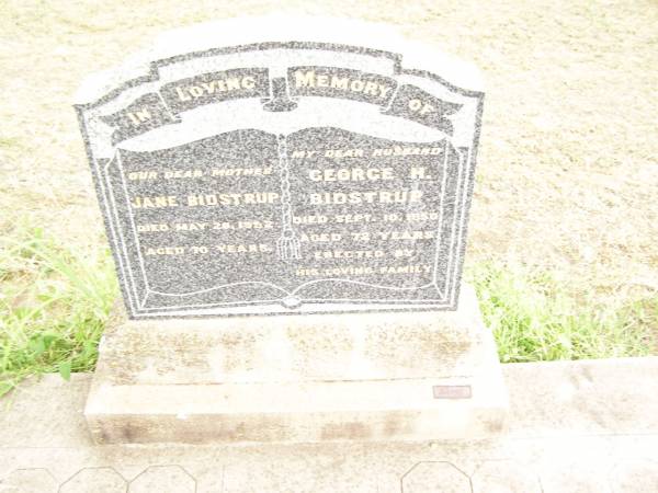 Jane BIDSTRUP,  | mother,  | died 28 May 1952 aged 70 years;  | George H. BIDSTRUP,  | husband,  | died 10 Sept 1950 aged 72 years;  | Warra cemetery, Wambo Shire  | 