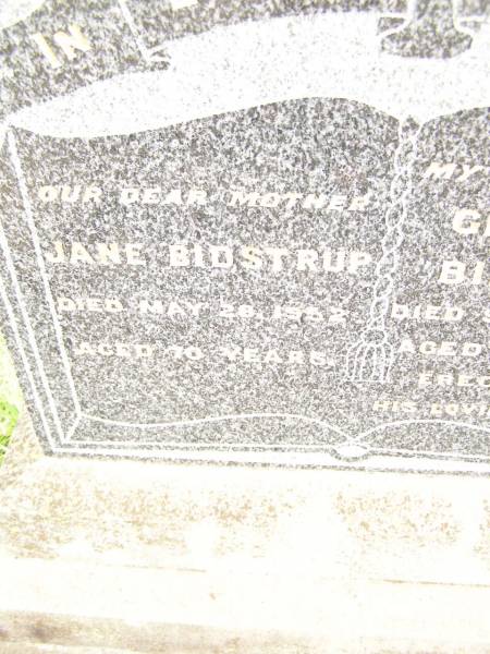 Jane BIDSTRUP,  | mother,  | died 28 May 1952 aged 70 years;  | George H. BIDSTRUP,  | husband,  | died 10 Sept 1950 aged 72 years;  | Warra cemetery, Wambo Shire  | 