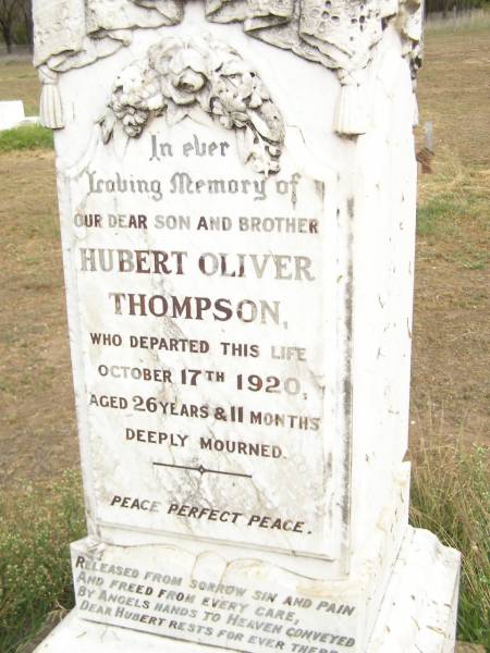 Hubert Oliver THOMPSON,  | son brother,  | died 18 Oct 1920 aged 26 years 11 months;  | Warra cemetery, Wambo Shire  | 