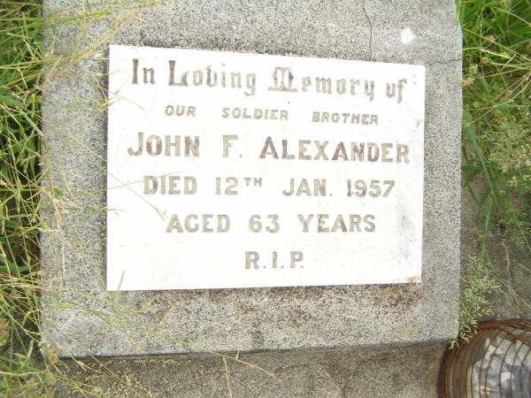 John F. ALEXANDER,  | brother,  | died 12 Jan 1957 aged 63 years;  | Warra cemetery, Wambo Shire  | 