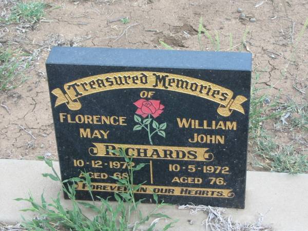 Florence May RICHARDS,  | died 10-12-1972 aged 68 years;  | William John RICHARDS,  | died 10-5-1972 aged 76 years;  | Warra cemetery, Wambo Shire  | 