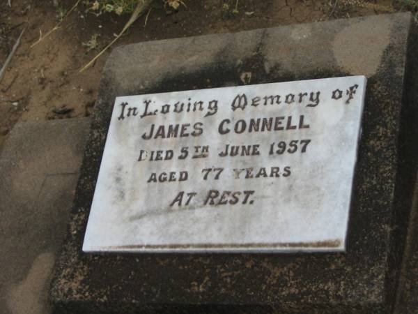 James CONNELL,  | died 5 June 1957 aged 77 years;  | Warra cemetery, Wambo Shire  | 