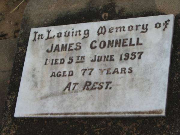 James CONNELL,  | died 5 June 1957 aged 77 years;  | Warra cemetery, Wambo Shire  | 