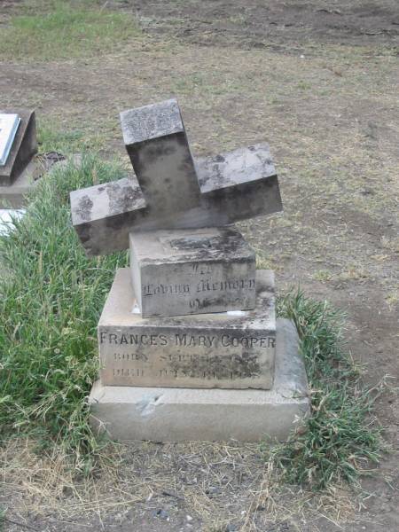 Frances Mary COOPER,  | born 12 Sept 18?4,  | died 19 July 1908;  | Warra cemetery, Wambo Shire  | 