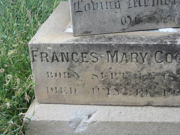Frances Mary COOPER,  | born 12 Sept 18?4,  | died 19 July 1908;  | Warra cemetery, Wambo Shire  | 
