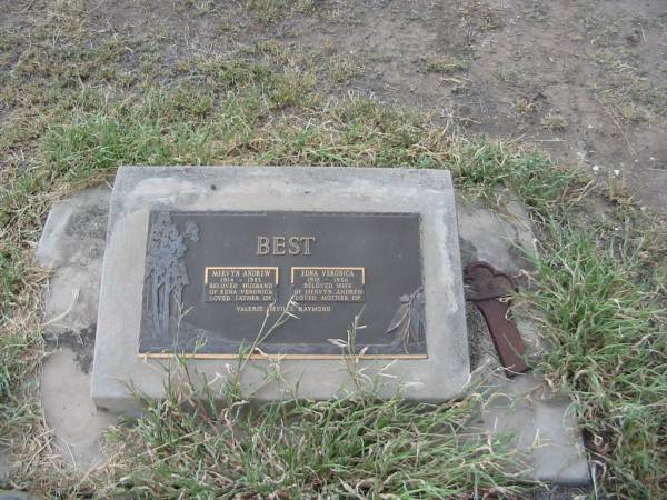Mervyn Andrew BEST,  | 1914 - 1983,  | husband of Edna Veronica,  | father of Valerie, Neville & Raymond;  | Enda Veronica BEST,  | 1918 - 1956,  | wife of Mervyn Andrew,  | mother of Valerie, Neville & Raymond;  | Warra cemetery, Wambo Shire  | 