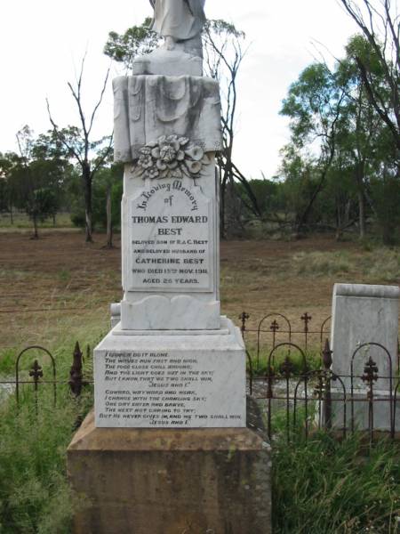 Thomas Edward BEST,  | son of R. & C. BEST,  | husband of Catherine BEST,  | died 15 Nov 1911 aged 26 years;  | Benjamin Joseph,  | son of Catherine & Richard BEST,  | died 22 Jan 1907 aged 24 years;  | Warra cemetery, Wambo Shire  | 