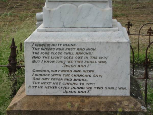 Thomas Edward BEST,  | son of R. & C. BEST,  | husband of Catherine BEST,  | died 15 Nov 1911 aged 26 years;  | Benjamin Joseph,  | son of Catherine & Richard BEST,  | died 22 Jan 1907 aged 24 years;  | Warra cemetery, Wambo Shire  | 