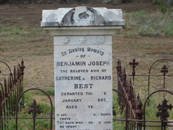 Thomas Edward BEST,  | son of R. & C. BEST,  | husband of Catherine BEST,  | died 15 Nov 1911 aged 26 years;  | Benjamin Joseph,  | son of Catherine & Richard BEST,  | died 22 Jan 1907 aged 24 years;  | Warra cemetery, Wambo Shire  | 